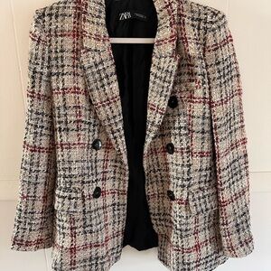 Zara Women's Textired Plaid Blazer - Red, Black, Cream